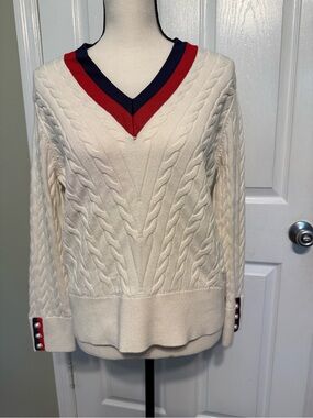 Talbots Cream Cable-Knit V-Neck Sweater with Red & Navy Trim Cotton-blend